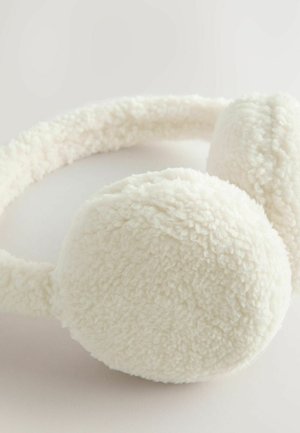 Kohanadest valged kõrvamütsid, millel on ümmargused, pehmed kõrvakatte ja pehme kangast peapael, mis on disainitud soojuse ja mugavuse tagamiseks.