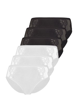Set aus sechs Damen-Slips mit hohem Bund, drei schwarz und drei weiß, jeweils mit floralen Spitzenpaneelen an den Vorderseiten.