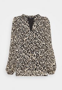 Blus med leopardmönster, V-ringning, långa puffärmar och lös passform. Tillverkad av lätt tyg med en slät yta.