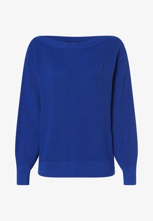 Blue knitted sweater with long sleeves, ribbed cuffs and hem, featuring a small red, white, and black logo on the chest.