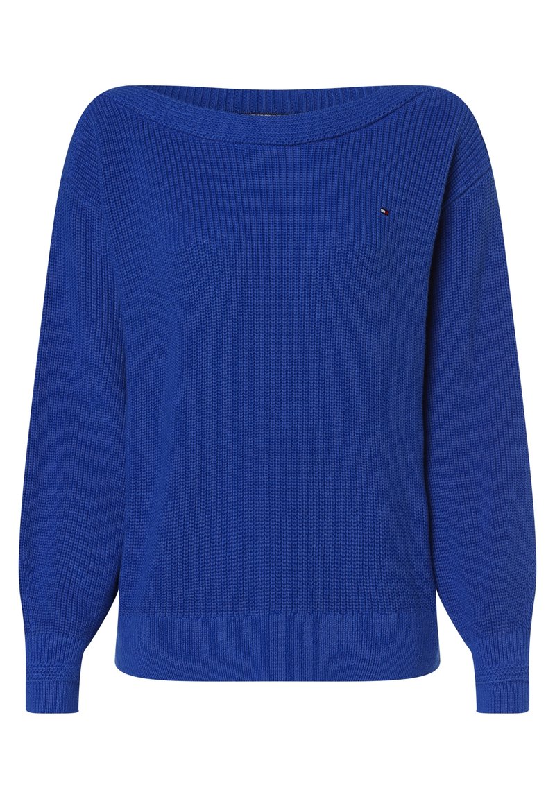 Pull bleu en tricot avec manches longues, poignets et ourlet côtelés, présentant un petit logo rouge, blanc et noir sur la poitrine.