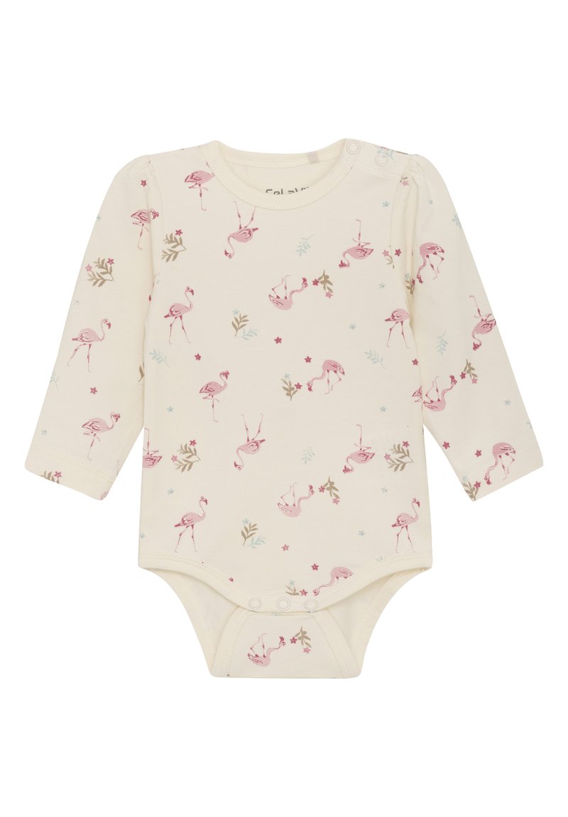 Långärmad babybodysuit i mjuk krämfärgad tyg, med ett mönster av rosa flamingos, gröna blad och små blommor. Tryckknappar i nederkant.