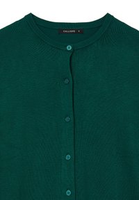 Cardigan verde lavorato a maglia con colletto rotondo, caratterizzato da sei bottoni abbinati sul davanti. Tessuto testurizzato con bordi a coste.