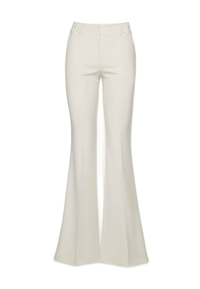 Bézs színű, bővülő nadrág sima textúrával, lapos elülső résszel, övhurkokkal és testre szabott illeszkedéssel, amely fokozatosan kibővül a térdtől a szegélyig.