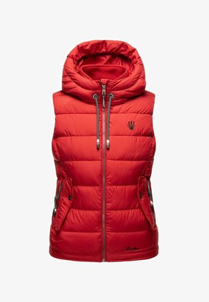 Punainen puffaliivi, jossa on korkea kaulus, vetoketjusuljenta ja kiristettävä huppu. Varustettu kahdella sivutaskulla ja pienellä logolla rinnassa.