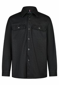 Schwarze Button-up-Hemd aus einem strukturierten Stoff, mit zwei Brusttaschen, einem Kragen und langen Ärmeln. Subtile Nahtdetails an den Kanten.