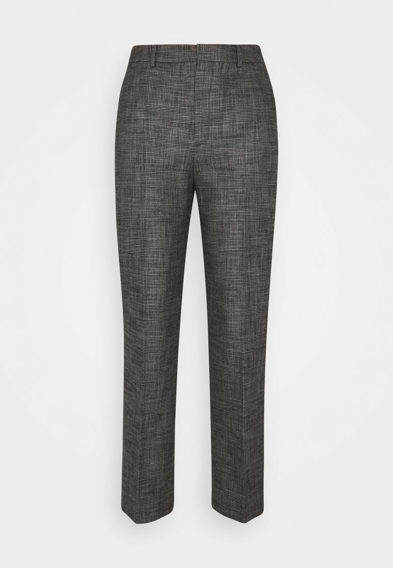 Pantalon homme sur mesure gris avec un motif à carreaux subtil, jambes droites et passants de ceinture, vu de dos sur fond blanc.
