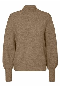 Pull beige en tricot avec un col montant et de longues manches ballon. Texture douce et poignets côtelés, avec une coupe décontractée sur toute la longueur.