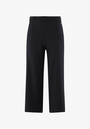 Black cropped pants with a wide leg design and a smooth texture. Elastic waistband with subtle branding detail.