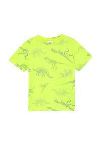 Limegrünes T-Shirt mit kurzen Ärmeln, das ein wiederholtes Dinosaurier-Skelett-Muster in kontrastierendem Blau zeigt. Runder Ausschnitt, weicher Stoff.