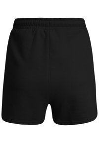 Shorts de sport noirs en tissu extensible, dotés d'une taille élastique et d'un design simple sans motifs ni accents visibles.
