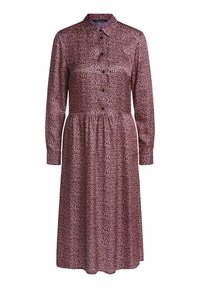 Robe à manches longues avec boutons sur le devant, motif floral petit dans des nuances de rose et violet, col avec collerette et taille froncée.