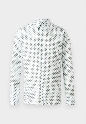 Camisa blanca de manga larga con un patrón geométrico negro, cuello clásico, cierre de botones y dobladillo recto. Fabricada con un tejido ligero.