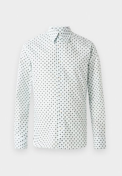 White long-sleeve shirt featuring a black geometric pattern, classic collar, button closure, and straight hem. Made of lightweight fabric.