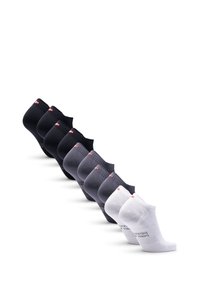Conjunto de ocho pares de calcetines cortos en negro, gris y blanco. Presenta puños acanalados y un pequeño logo en cada calcetín. Material suave y elástico.