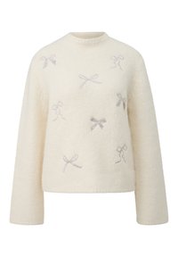 Cremfarbener Strickpullover mit rundem Ausschnitt, langen Ärmeln und bestickten silbernen Schleifen und Figuren auf der Vorderseite. Weiche Haptik.
