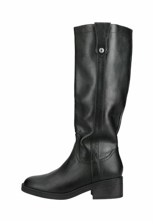 Tall black leather boot with low block heel and decorative strap with snap button near the top, shown from the side.