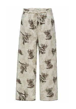 Pantalon ample crème avec motifs de fougères brun foncé et motifs floraux clairs, taille élastique et cordon de serrage à l'avant.