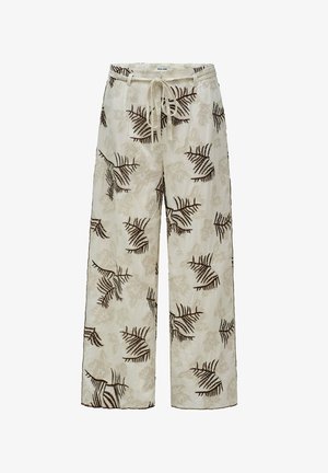 Pantalones sueltos de color crema con patrones de helecho marrón oscuro y flores claras, cintura elástica y cordón ajustable en la parte delantera.