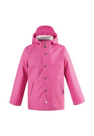 Rosa wasserdichte Kapuzenjacke mit vorderen Druckknöpfen und zwei Seitentaschen, entworfen für kaltes oder regnerisches Wetter.