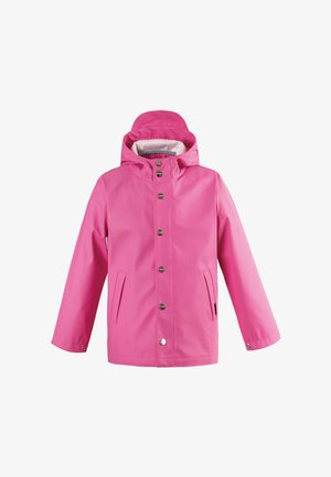 Rosa wasserdichte Kapuzenjacke mit vorderen Druckknöpfen und zwei Seitentaschen, entworfen für kaltes oder regnerisches Wetter.