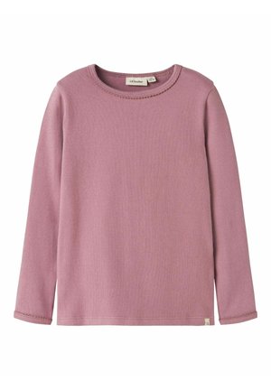 Long-sleeve shirt in soft pink fabric, featuring a round neckline and stitched hem details for added texture and design.