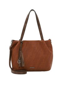 Sac à main synthétique marron avec une texture lisse, poignées courtes, bandoulière amovible et un détail de pampille avec un charme circulaire.