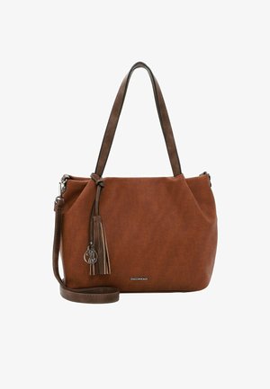 Borsa a mano sintetica marrone con una texture liscia, manici corti, tracolla rimovibile e un dettaglio con nappina e charm circolare.
