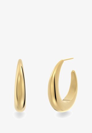 Złote kolczyki w kształcie obręczy z gładkim, zwężającym się fasonem. Posiadają polerowane wykończenie i zakrzywioną sylwetkę, podkreślając nowoczesny kształt.