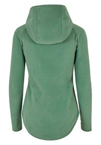 Green fleece hoodie with a soft texture, a fitted design, and a large hood. The back features a slightly curved hem for better coverage.
