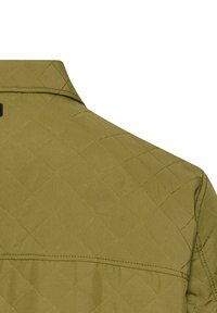 Quilted olive green fabric with a diagonal pattern, featuring a collar and visible stitching along the edges. Smooth texture.