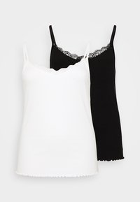 Dois tops de alças, um branco e um preto, com rendas. O topo branco apresenta uma textura suave, enquanto o topo preto tem um design canelado.