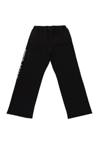 Schwarze Jogginghose mit elastischem Bund, weitem Bein und einem silbernen Logo-Druck auf der linken Seite. Hergestellt aus weichem, strukturiertem Stoff.