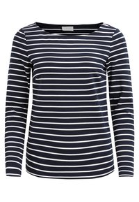 Marinblå och vit randig långärmad topp med rund halsringning. Mjuk tyg, normal passform, kontrasterande horisontella ränder, minimalistisk design.