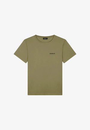 T-shirt verde oliva realizzato in morbido cotone, con scollatura a girocollo e maniche corte. Piccolo logo nero sul lato sinistro del petto.