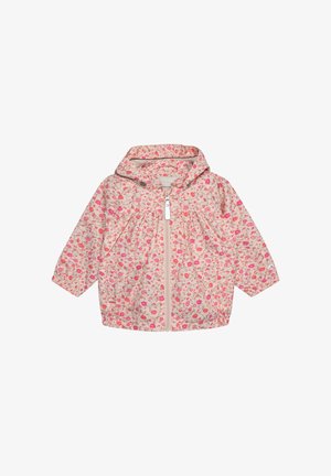 Chaqueta impermeable rosa claro con estampado floral, con capucha, cremallera completa en la parte delantera y detalles fruncidos en el pecho, confeccionada con tela resistente al agua.