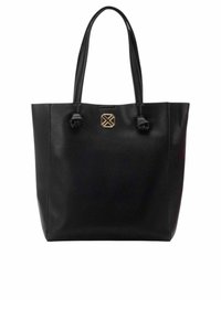 Borsa a tracolla in pelle nera con finitura testurizzata, due manici lunghi e un'accento logo dorato ben visibile sulla parte anteriore.