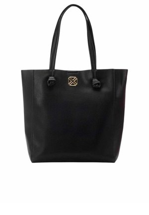 Borsa a tracolla in pelle nera con finitura testurizzata, due manici lunghi e un'accento logo dorato ben visibile sulla parte anteriore.