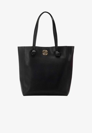 Borsa a tracolla in pelle nera con finitura testurizzata, due manici lunghi e un'accento logo dorato ben visibile sulla parte anteriore.