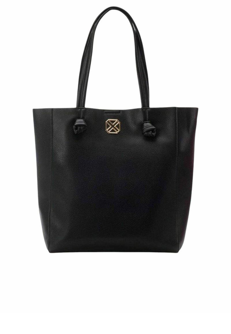Borsa a tracolla in pelle nera con finitura testurizzata, due manici lunghi e un'accento logo dorato ben visibile sulla parte anteriore.
