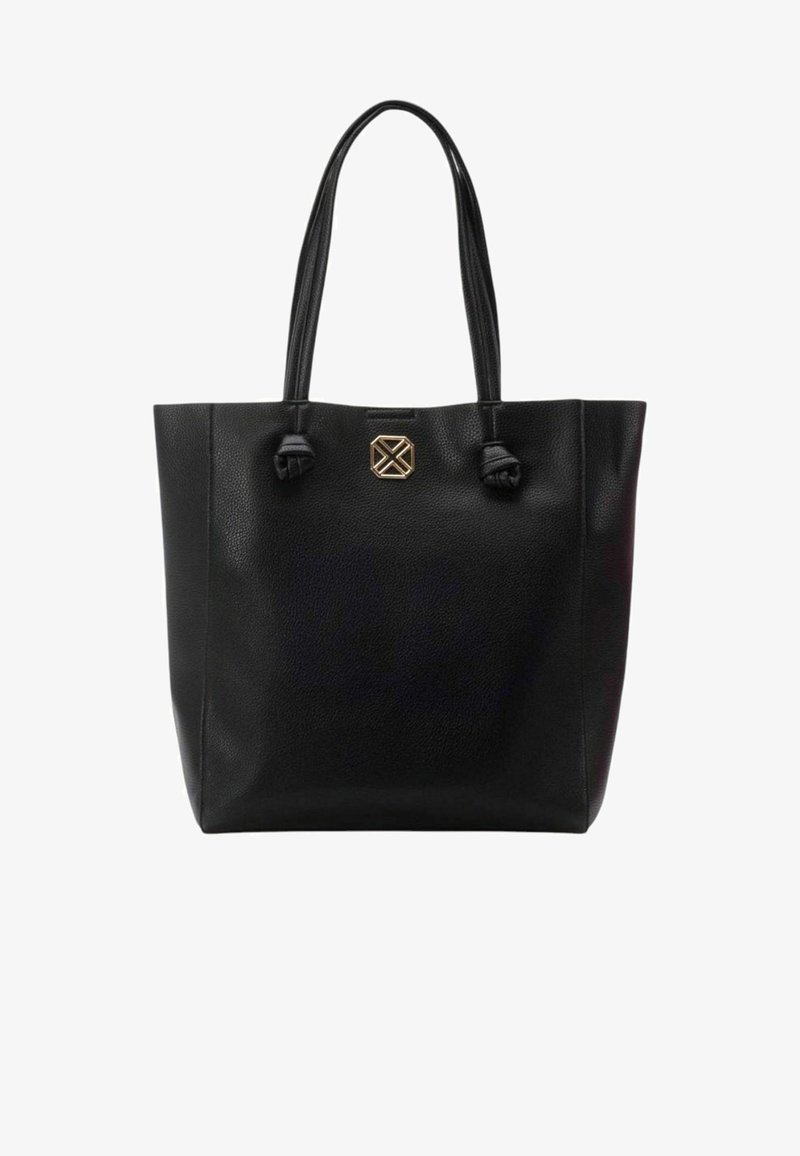 Borsa a tracolla in pelle nera con finitura testurizzata, due manici lunghi e un'accento logo dorato ben visibile sulla parte anteriore.