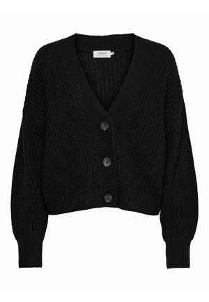 Black knitted cardigan featuring a V-neck, oversized silhouette, long sleeves, and four large buttons on the front.