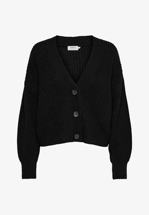 Black knitted cardigan featuring a V-neck, oversized silhouette, long sleeves, and four large buttons on the front.