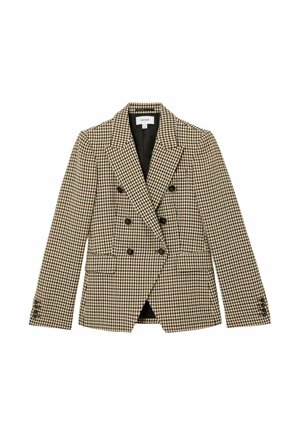 Sacou maro și bej cu dublă închidere, model houndstooth, cu nasturi negri și rever cu crestături, buzunare frontale cu clapetă și mâneci lungi.