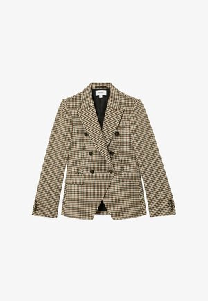 Sacou maro și bej cu dublă închidere, model houndstooth, cu nasturi negri și rever cu crestături, buzunare frontale cu clapetă și mâneci lungi.