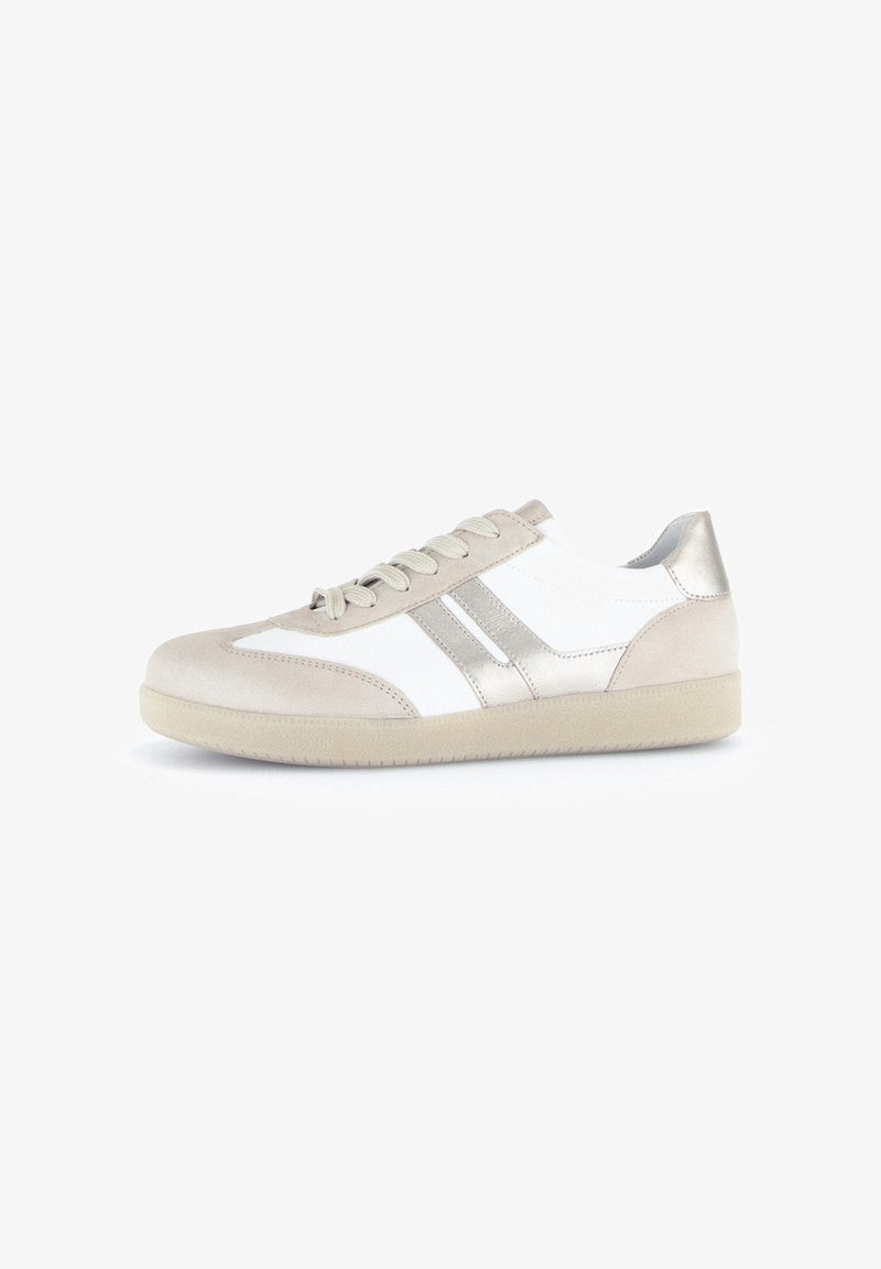 White and light gray athletic shoes with suede and leather materials, featuring two silver stripes and a textured rubber sole.