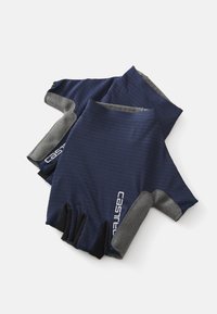 Fingerlösa cykelhandskar gjorda av marinblått tyg med grå detaljer. Texturerad yta och logotypdetalj. Ergonomisk design för komfort.