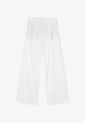 Witte, hoge taille broek met wijd uitlopende pijpen, voorplooien en zijzakken, gemaakt van lichtgewicht stof.