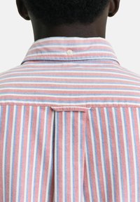 Chemise rayée avec des rayures verticales rouges, bleues et blanches, dotée d'un col boutonné et d'un seul pli au dos. Texture de tissu douce.