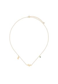 Złoty naszyjnik łańcuszkowy z delikatnym wzorem liścia i małym zielonym akcentem. Lekki, z wypolerowanym wykończeniem i regulowaną długością.